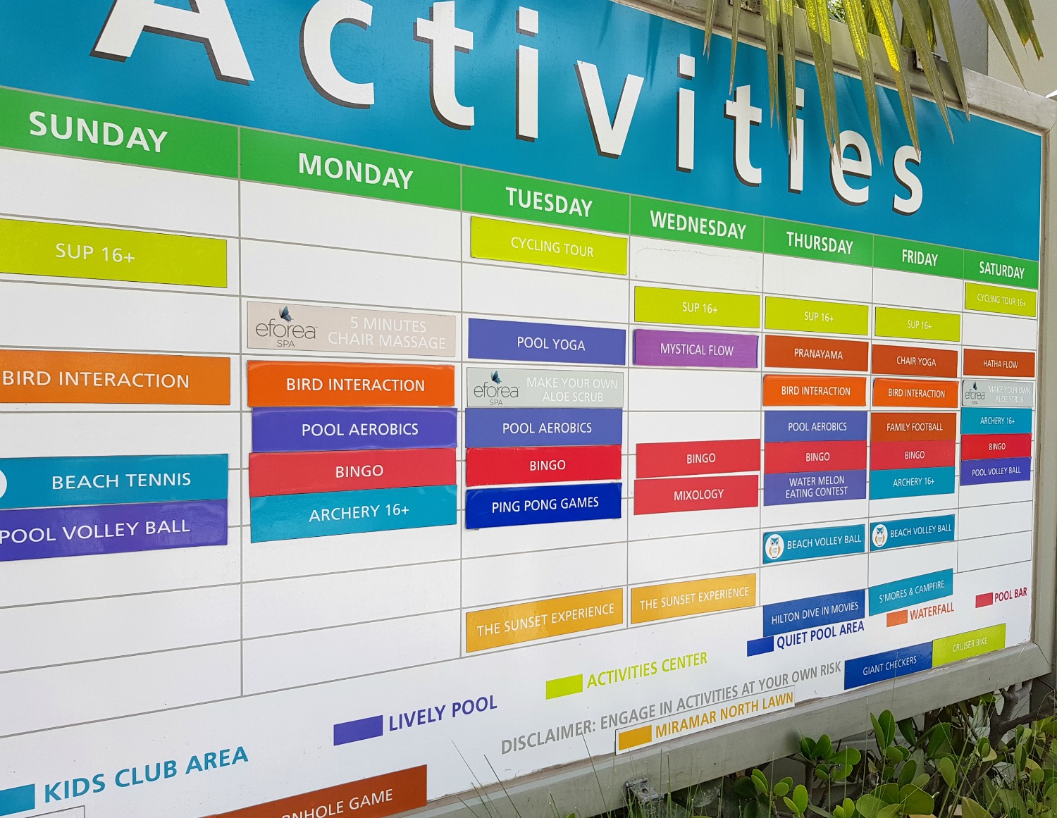 List of activities for guests on a board by the pool at the Hilton Aruba - my hotel review