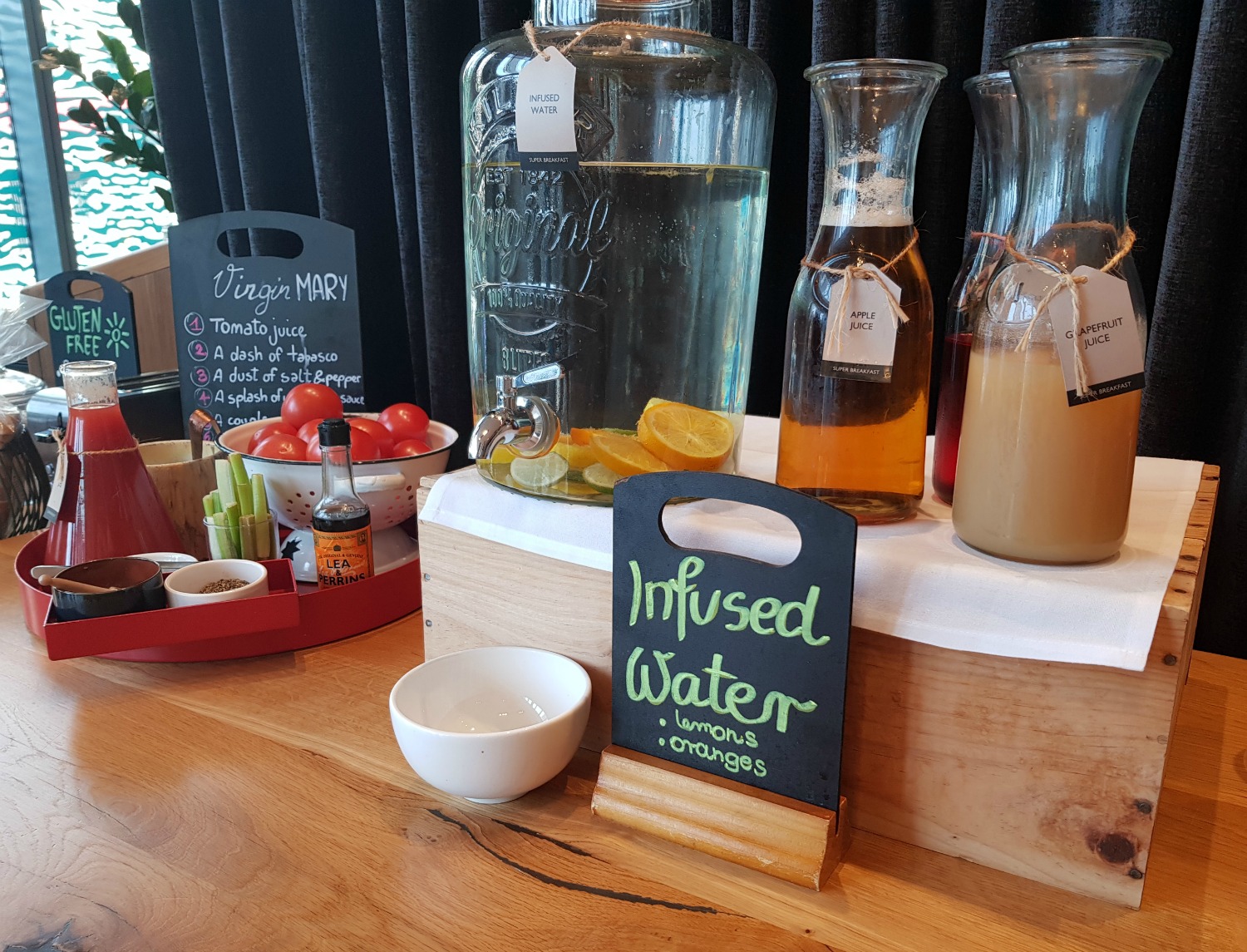 Bottles of juice and infused water as well as the Virgin Mary station - breakfast at Radisson Blu Birmingham hotel