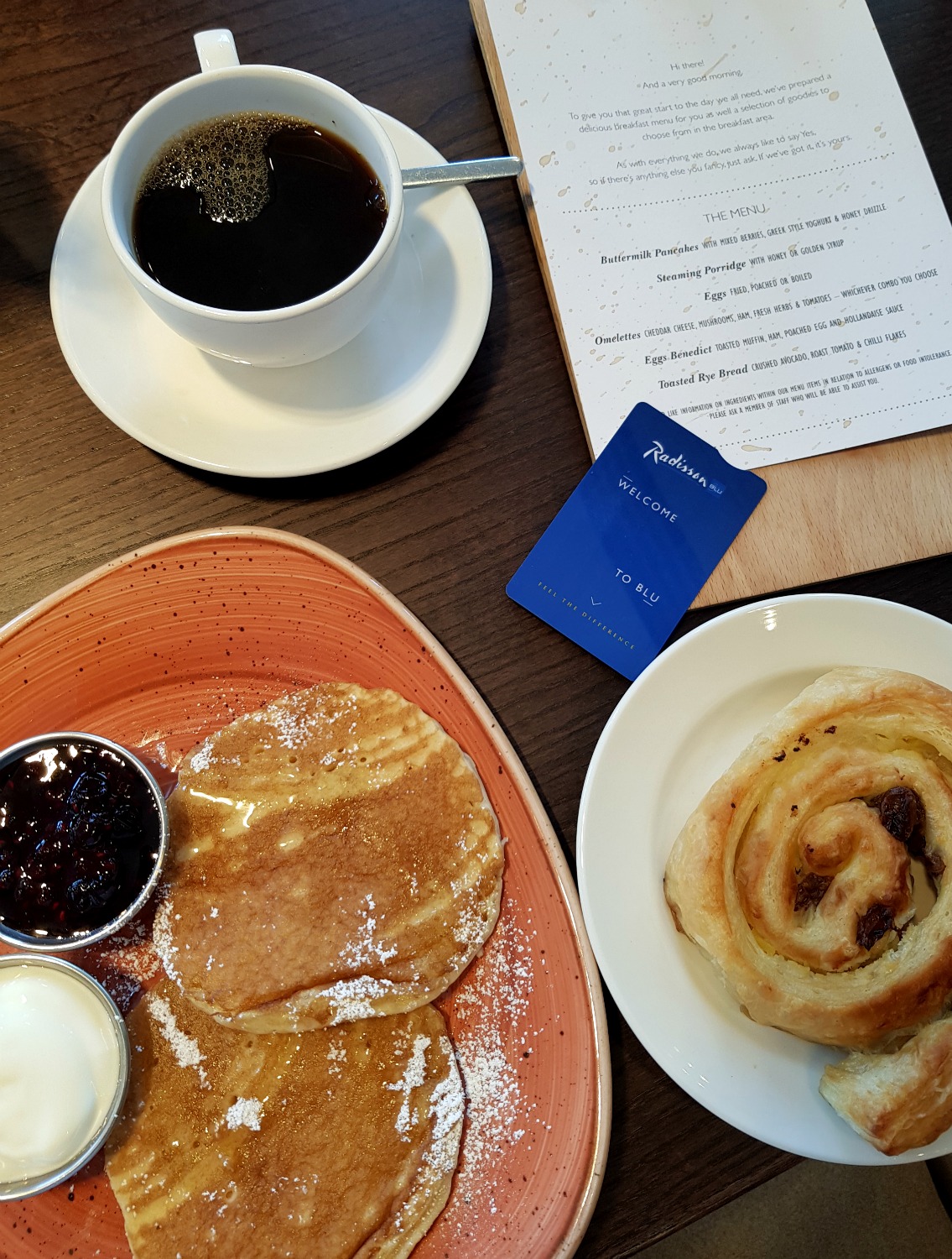Pancakes, pain au chocolate and coffee plus by hotel keycard on the menu - breakfast at Radisson Blu Birmingham hotel