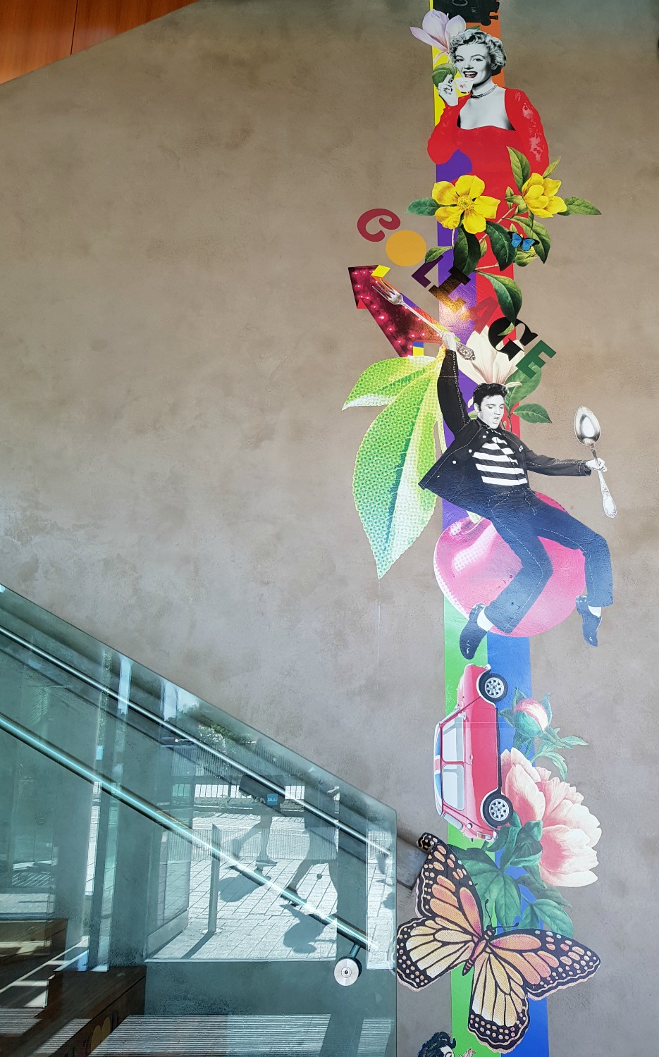 Lobby collage including Elvis in the Radisson Blu Birmingham hotel, at the foot of the stairs to Collage restaurant