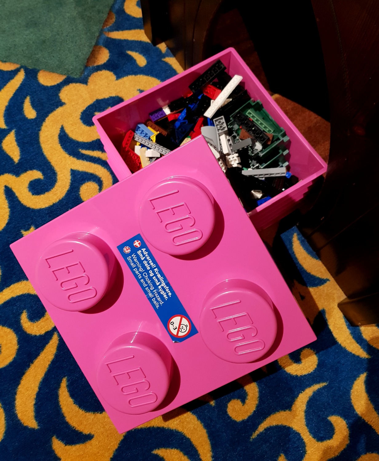 Box of Lego in a brick shaped box in our room at the Legoland Castle Hotel, Billund - just some of the endless Lego to be played with