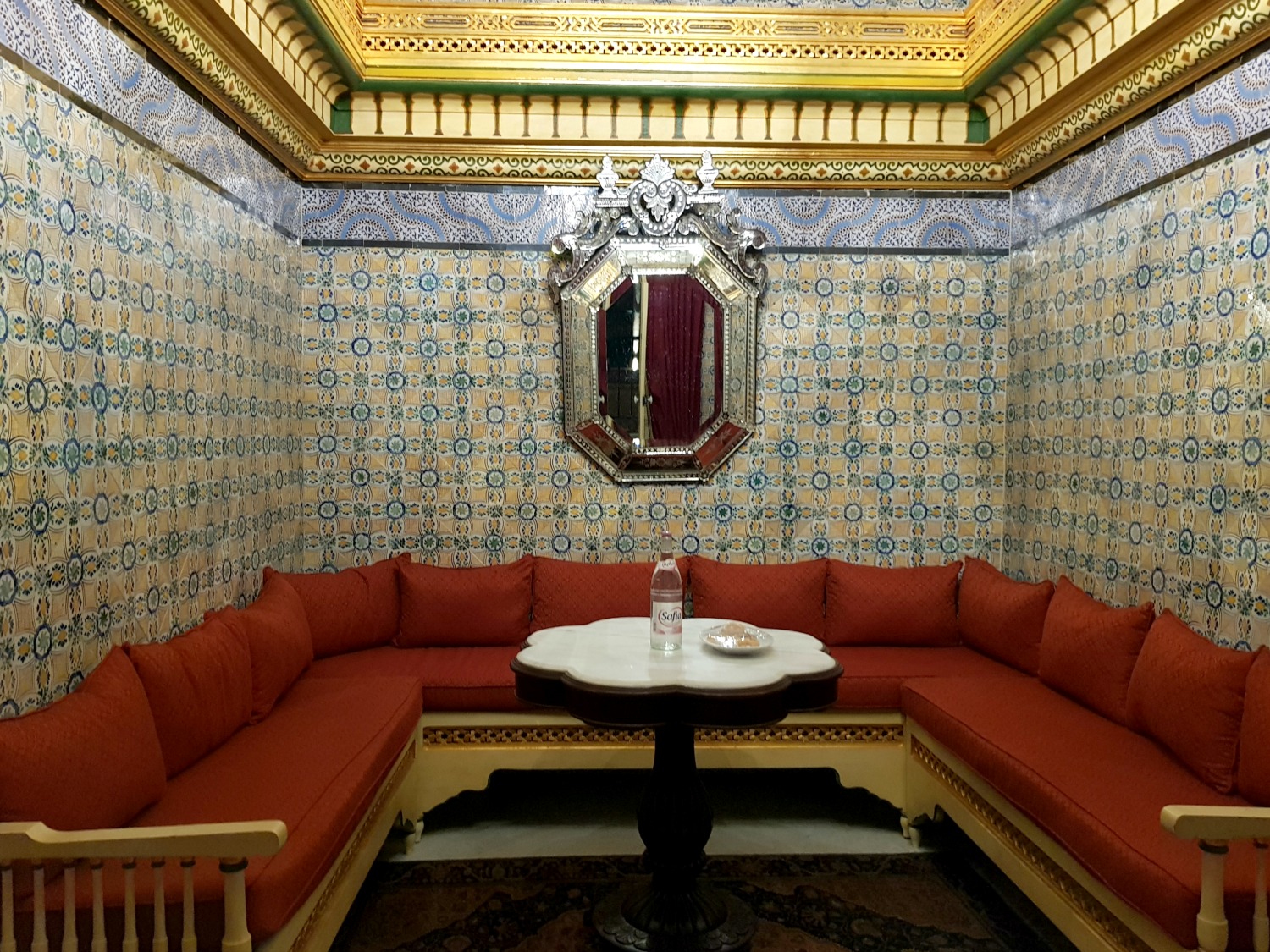 Tiled seating area in Kheireddin Pacha grand historic suite at Palais Bayram, - my review of the boutique hotel in Tunis