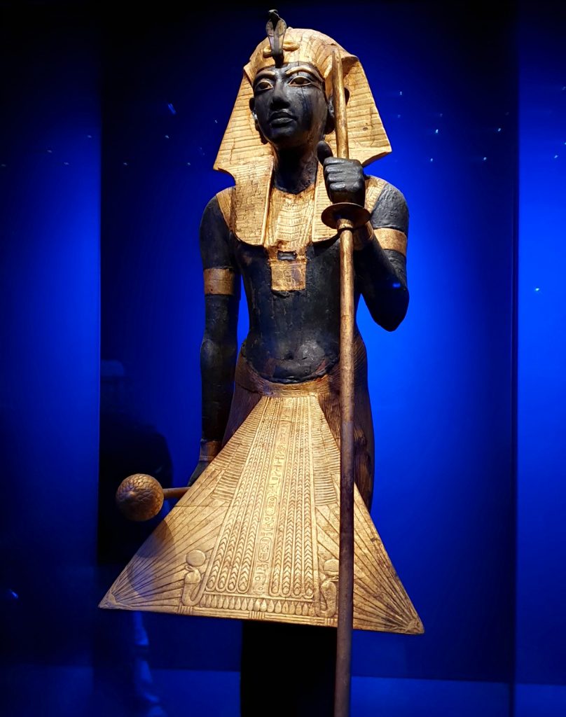 Guardian statue with engraved gold decoration, on display outside Egypt for the first time at the London Tutuankhamun exhibition