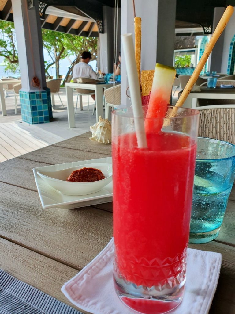 Fresh watermelon juice at the Reef Club restaurant at Four Seasons Kuda Huraa resort in the Maldives