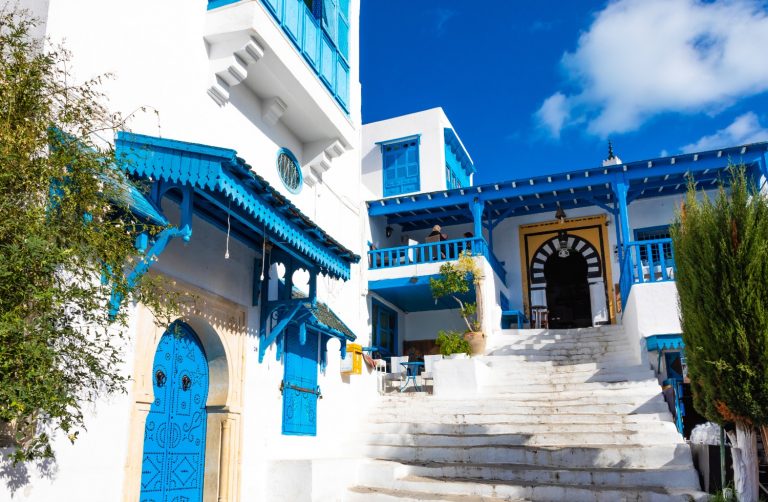 View of blue and white buildings and steps in Sidi Bou Said - discovering Tunisia beyond the beach with a new ebook