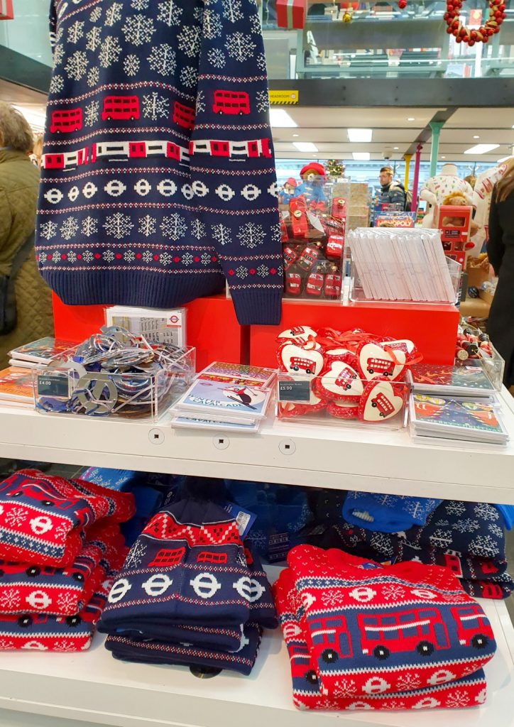 London Transport Museum Christmas jumpers, baubles and other gifts on display in the shop