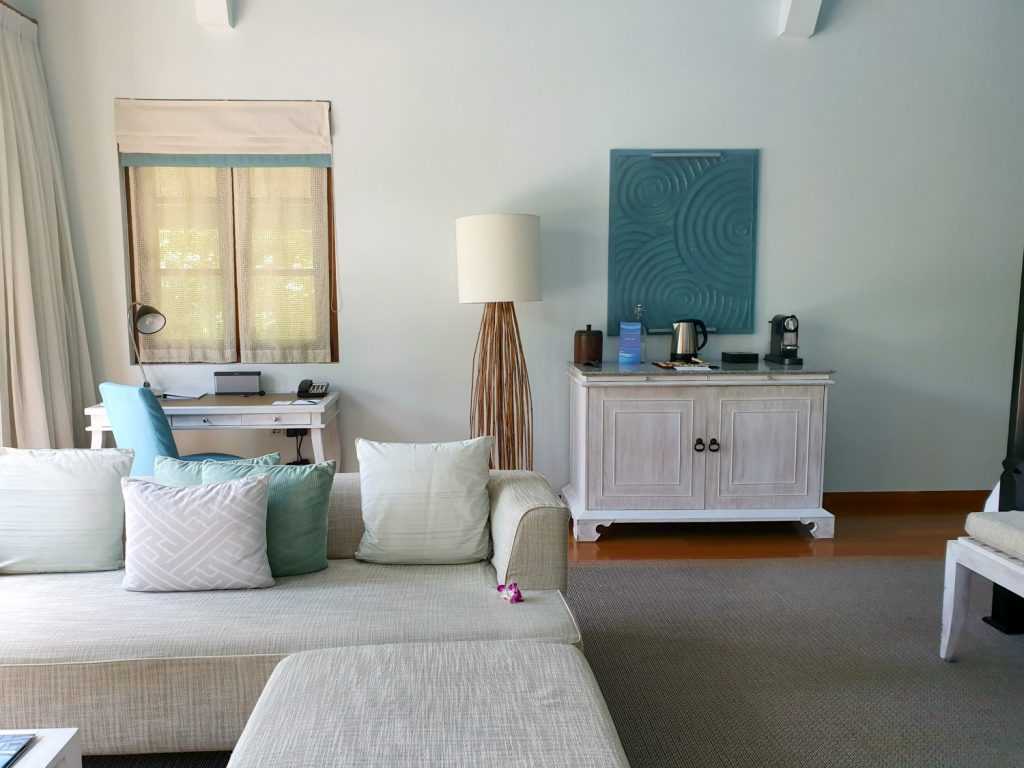 Living area in our beach villa at Landaa Giravaaru, one of the Four Seasons Maldives resorts