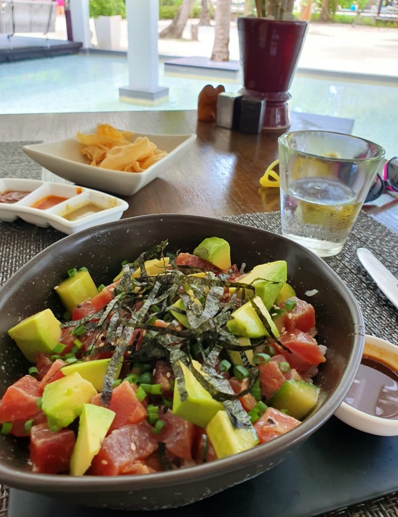 Fresh fish poke bowl at Cafe Landaa at the Four Seasons resort Landaa Giraavaru