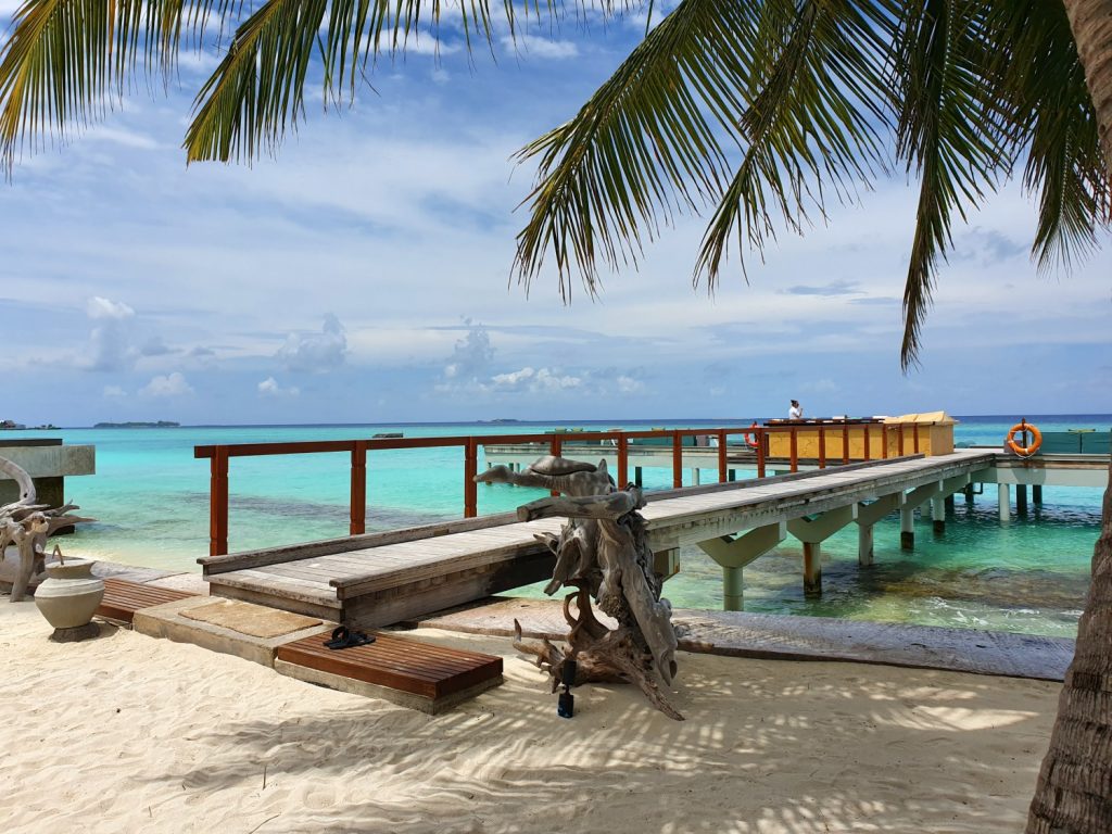 Jetty leading to the Seabar over the Indian Ocean at Landaa Giraavaru resort in the Maldives