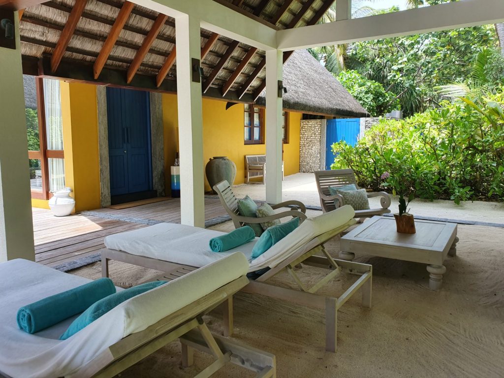 Loungers by our beach villa, at Landaa Giraavaru resort in the Maldives