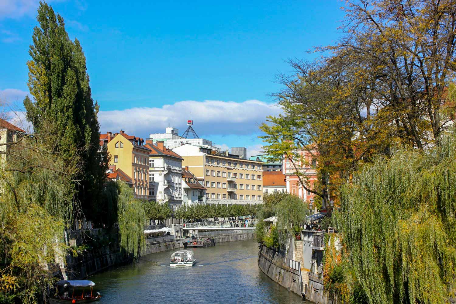 View along the Ljublianica river in Ljubljana - the gorgeous riverside setting is one of my 13 reasons to visit Ljubljana with kids
