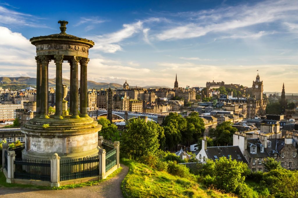 View from Calton Hill down onto the skyline of Edinburgh - one of the top places to start a Scotland road trip with kids