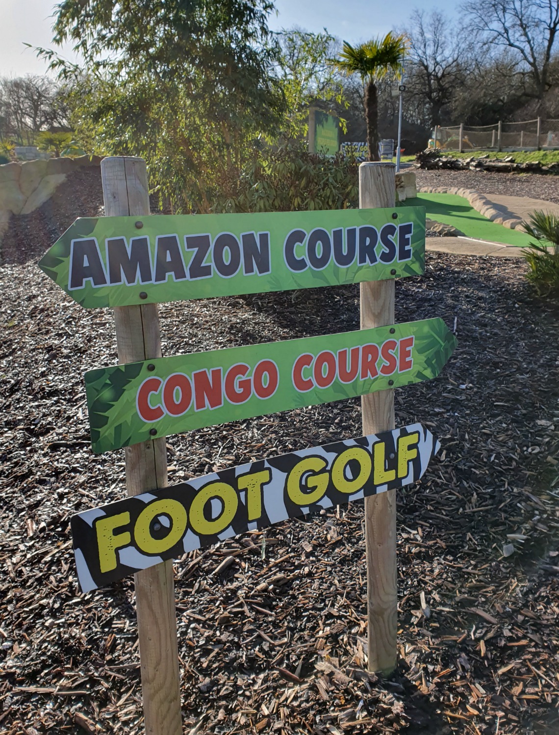 Signs to the different Amazon, Congo and footgolf courses at Lost Jungle London - visiting Lost Jungle adventure golf, Europe's biggest adventure golf course