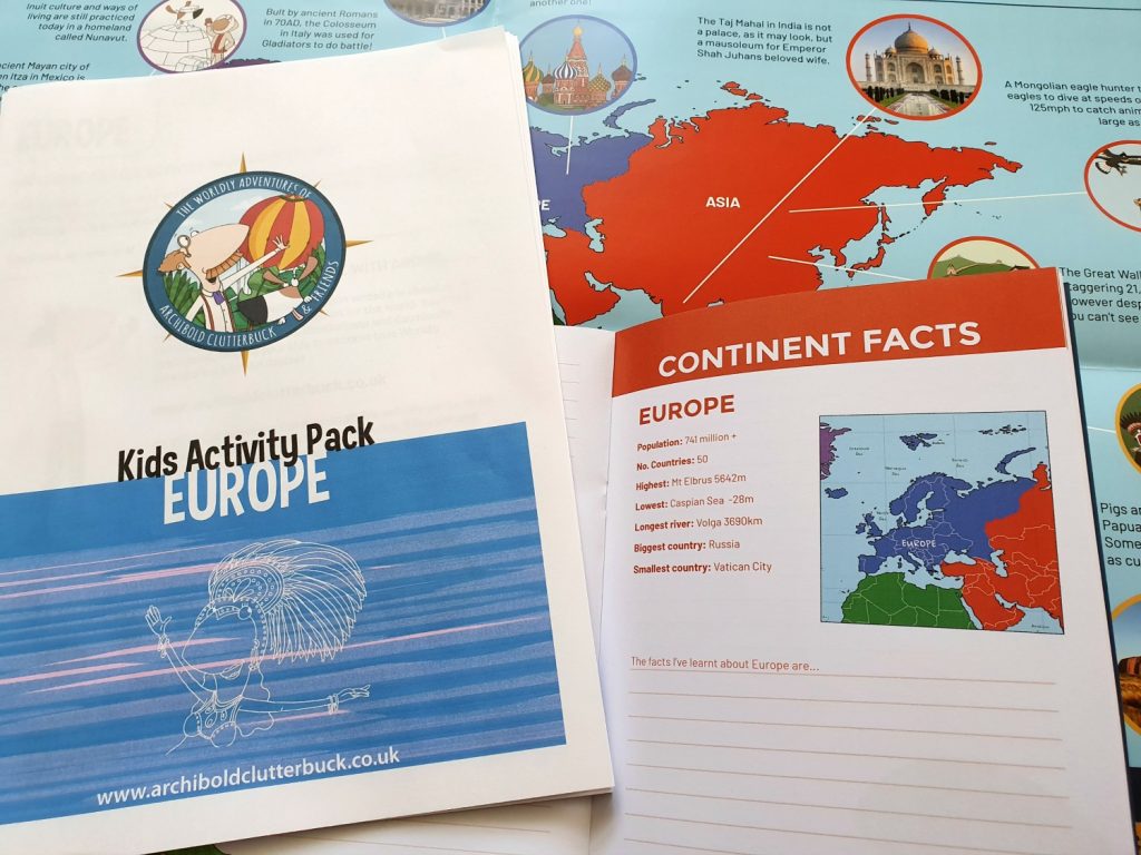Map, explorer journals and free Europe travel activitiy pack to download from The Worldly Adventures of Archibold Clutterbuck - my new recommendation for homeschool geography