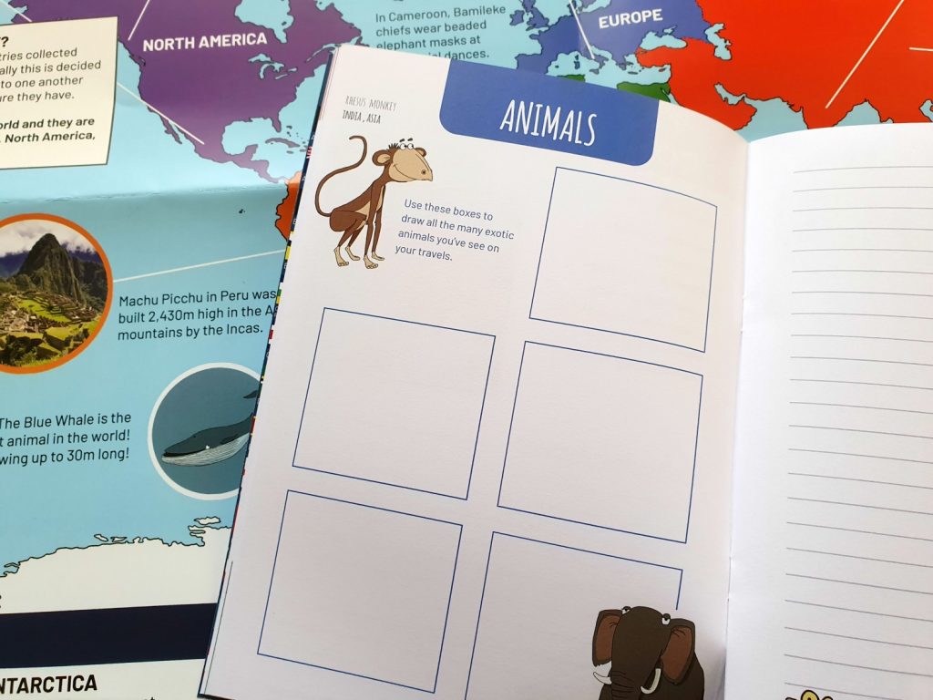 My daughter's explorer travel journal with section on animals from The Worldly Adventures of Archibold Clutterbuck - my review of this geography homeschool range