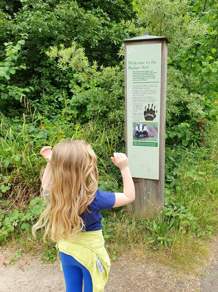 My daughter by the sign near the entrance to the giant badger sett, currently closed while Kew Gardens reopened after lockdown