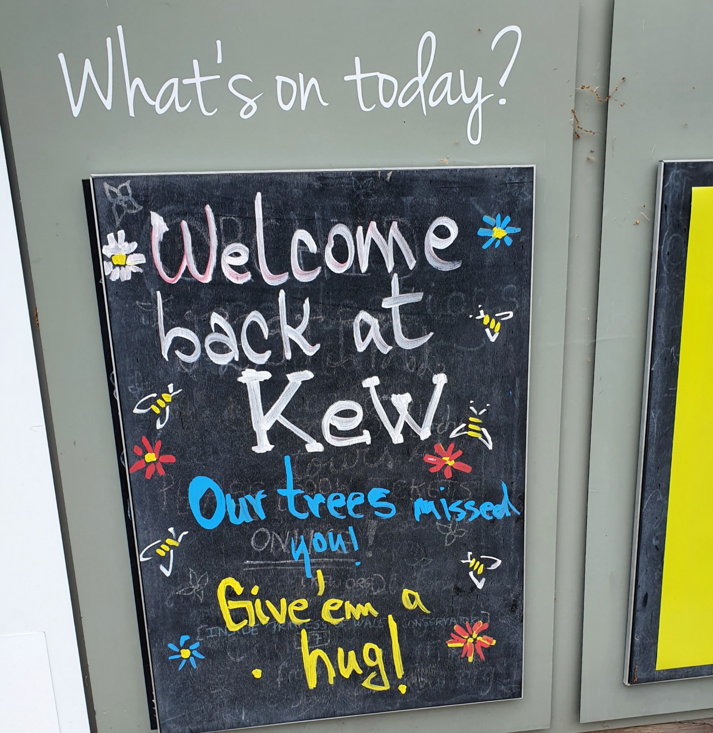 Sign at the entrance to the reopened Kew Gardens encouraging people to hug a tree as they've missed us
