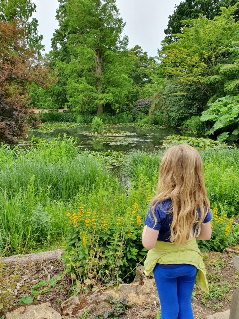 My daughter looks at the lilypond at Kew Gardens on our visit to Kew after lockdown