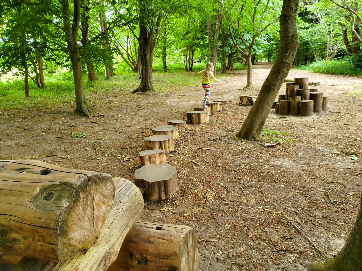 My daughter steps from tree trunk to tree trunk on one of the play areas by the woodland path at Polesden Lacey - checking out the National Trust reopened site in Surrey, UK