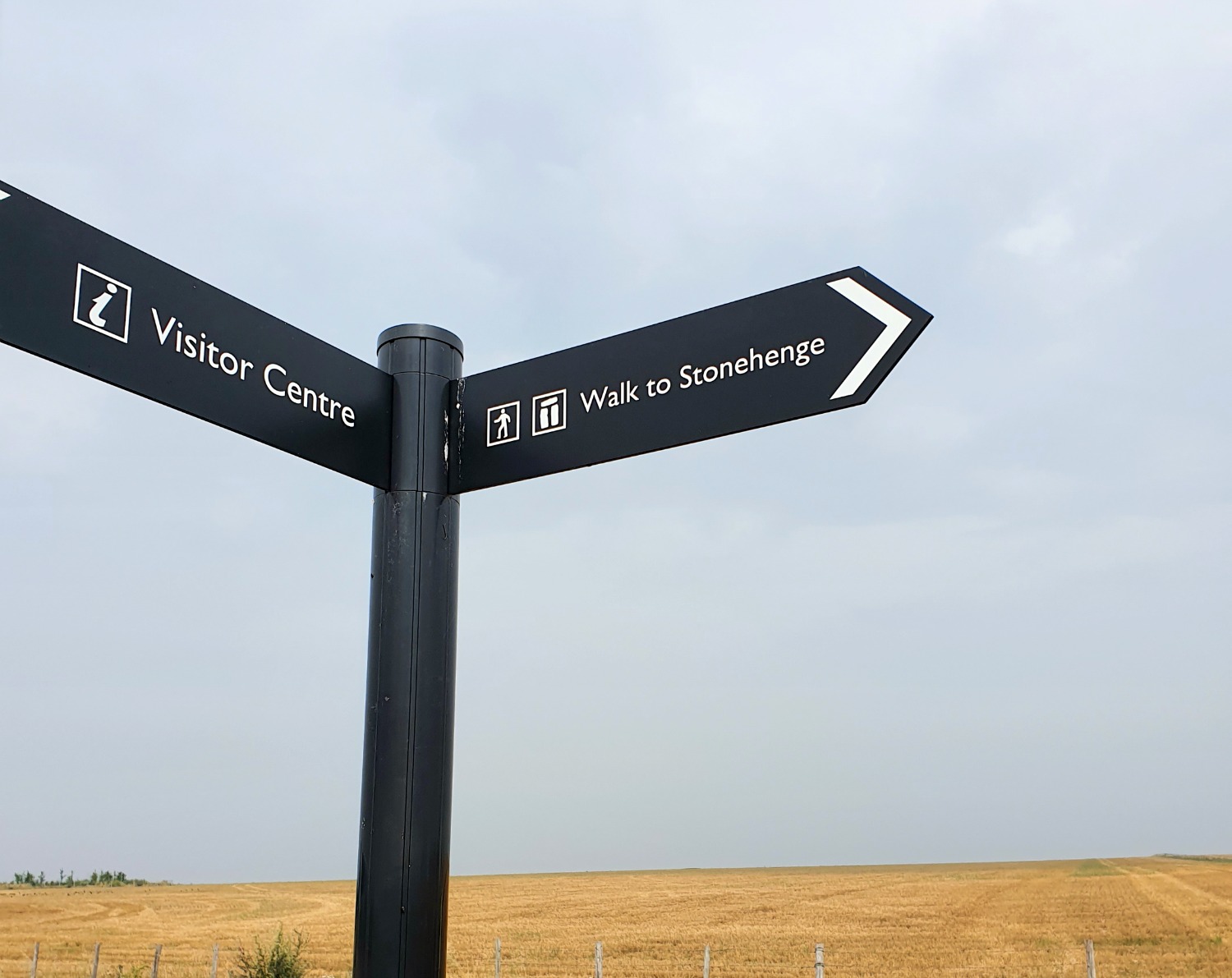 Signpost at Stonehenge pointing to the visitor centre and to the stones - visiting Stonehenge after lockdown