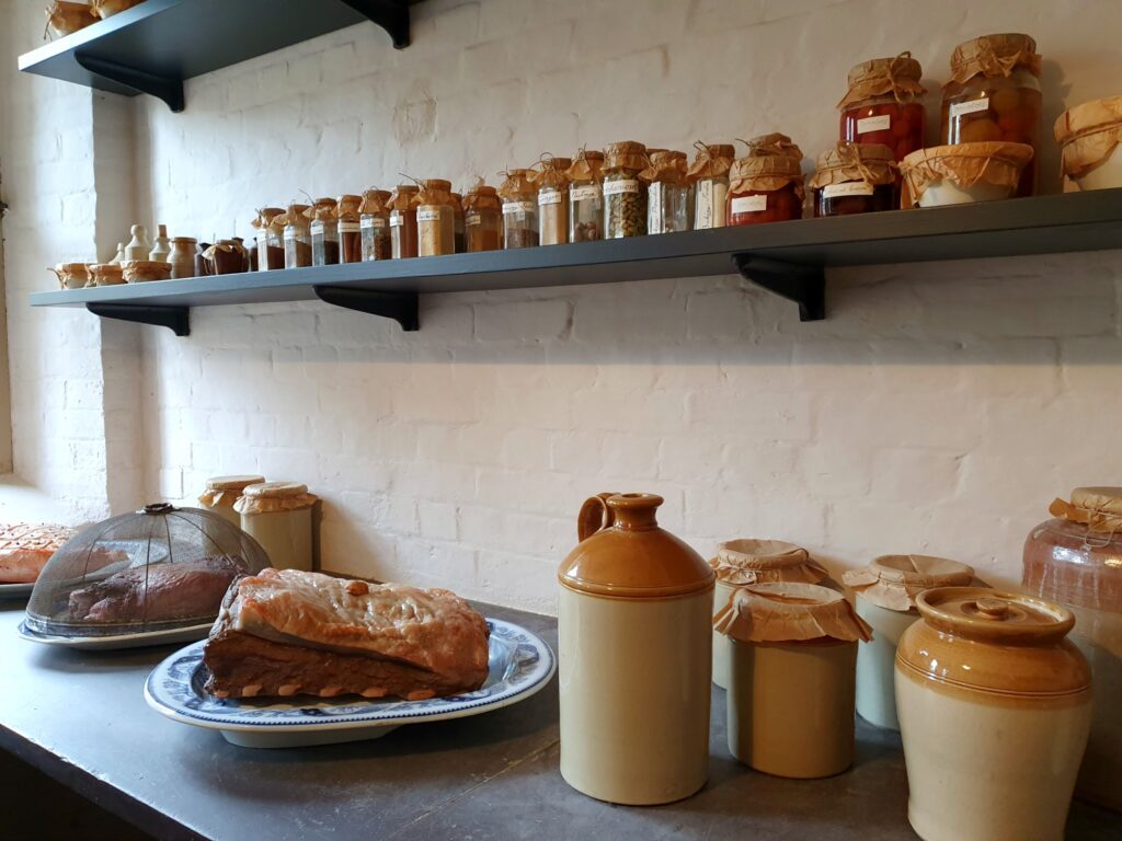 Replicas of some of the ingredients and dishes that would have been stored in the pantry of the old kitchens of Audley End in Essex during a weekend in Saffron Walden with kids