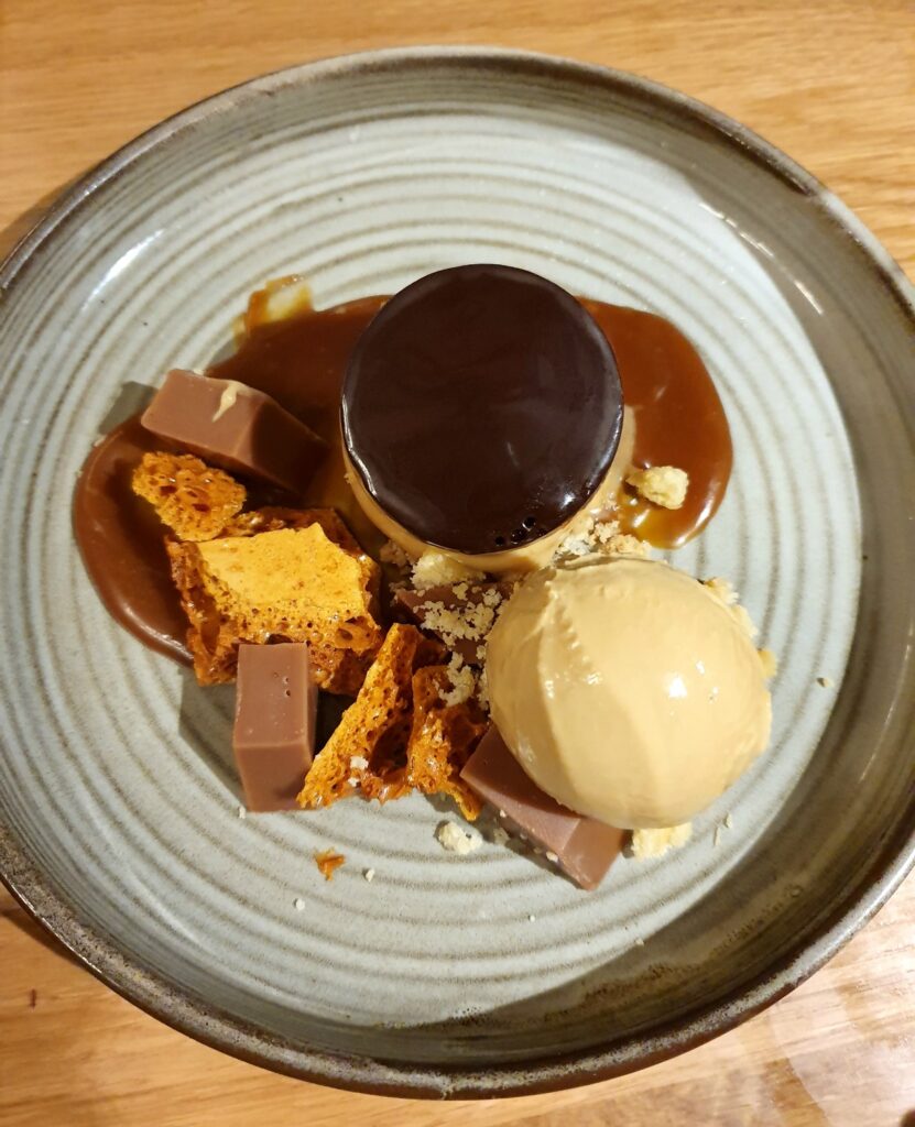 One of the desserts at the Eight Bells in Saffron Walden, with honeycomb, fudge and ice cream, during a weekend in Essex with kids