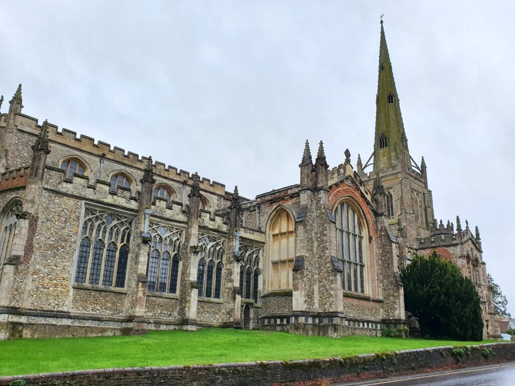 The historic church in the village of Thaxted, one of the biggest in the county, during our visit to Essex with kids