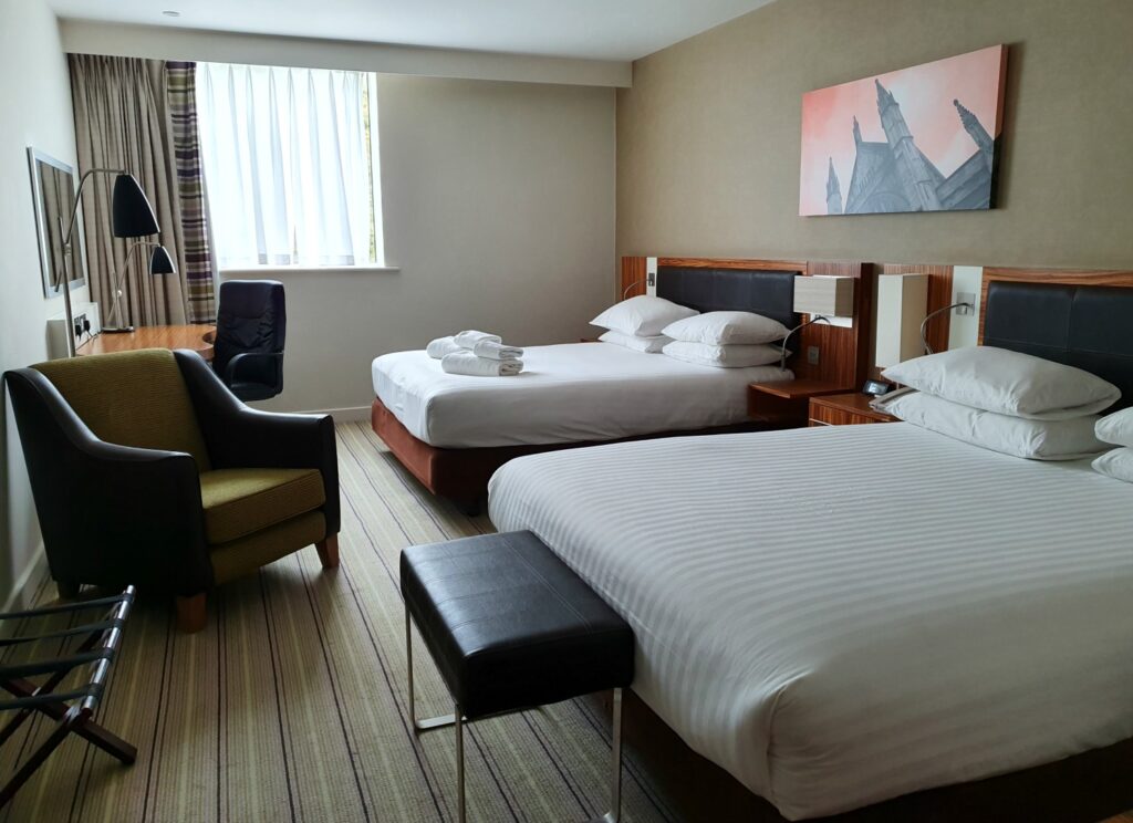 Our bedroom with two double beds at Holiday Inn Winchester - one of the best places to stay in Winchester with kids