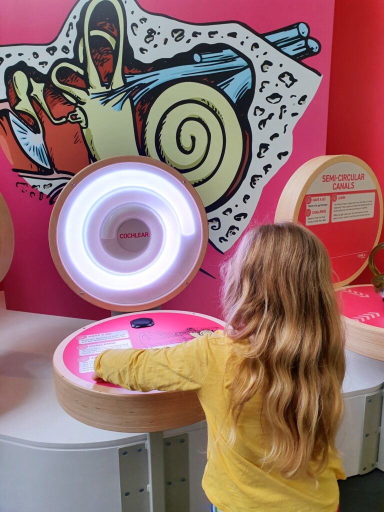 My daughter with one of the displays on how different sound frequencies affect the ear - my Winchester Science Centre review