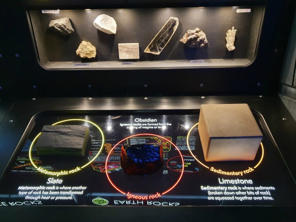 Touchable rocks in the space gallery at Winchester Science Centre in Hampshire