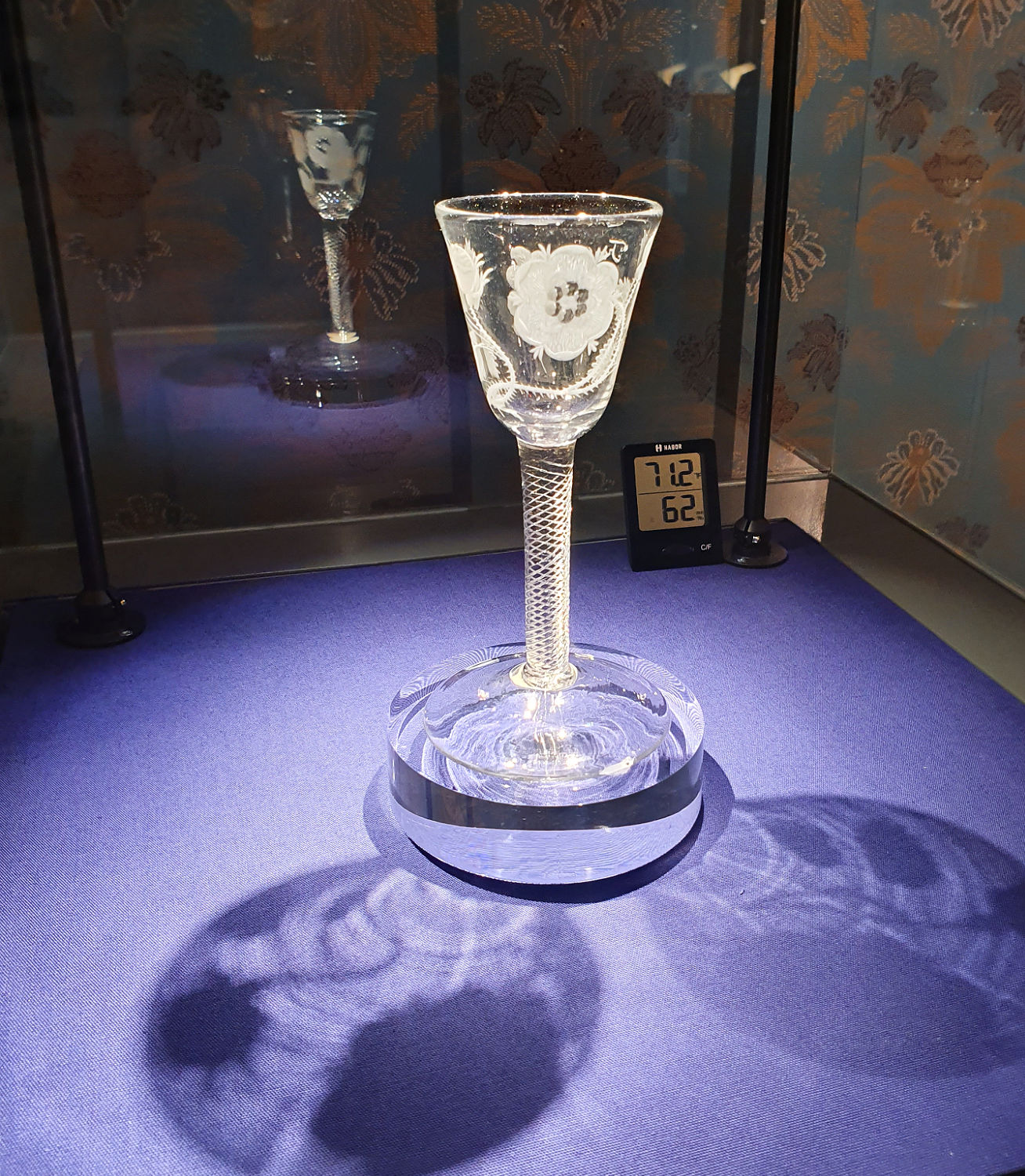 Glass engraved with Jacobite symbols on purple based glass case - a day out at Oxburgh Hall in Norfolk with kids