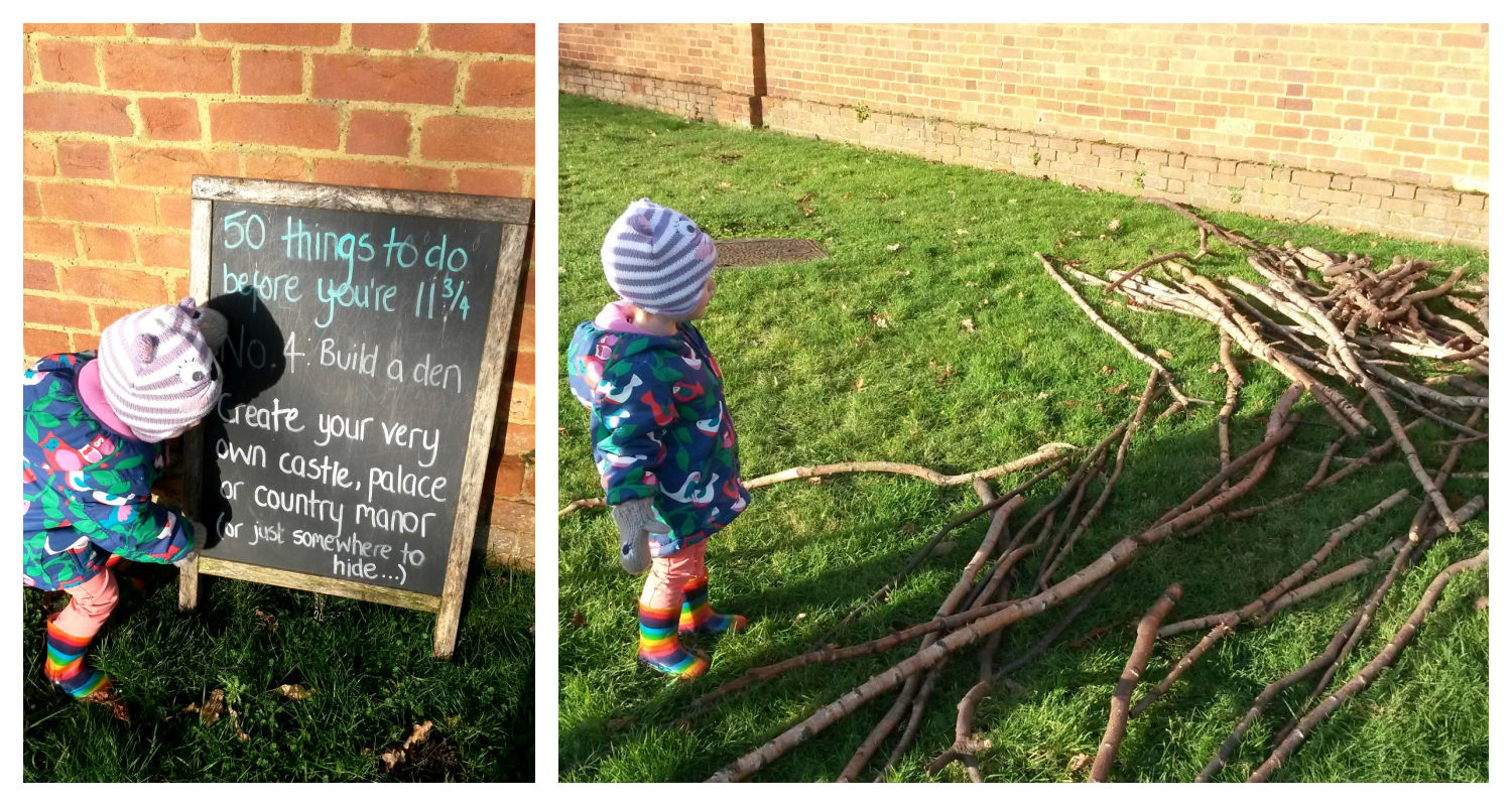 Collage showing my toddler investigating a sign about 50 things to do before you're 11 3/4 at Ham House in Surrey and with a pile of sticks to try to build a den