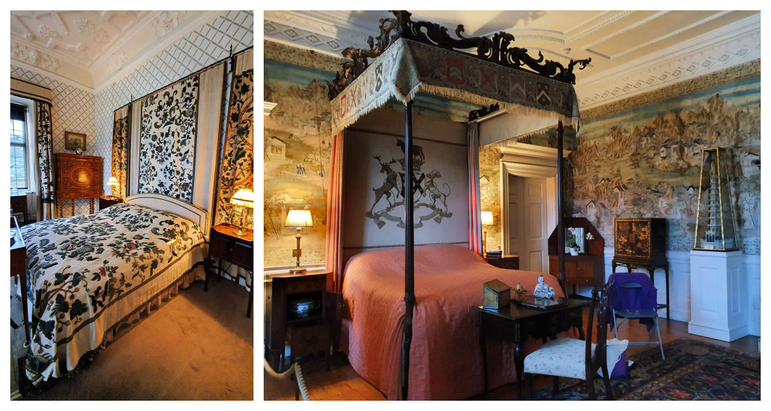 Collage showing two bedrooms at Blickling Hall in Norfolk, including a bed with embroidered cover and hangings and a four poster bed with crest, including a mini pagoda earthquake detector in the background - visiting Blickling Hall with kids