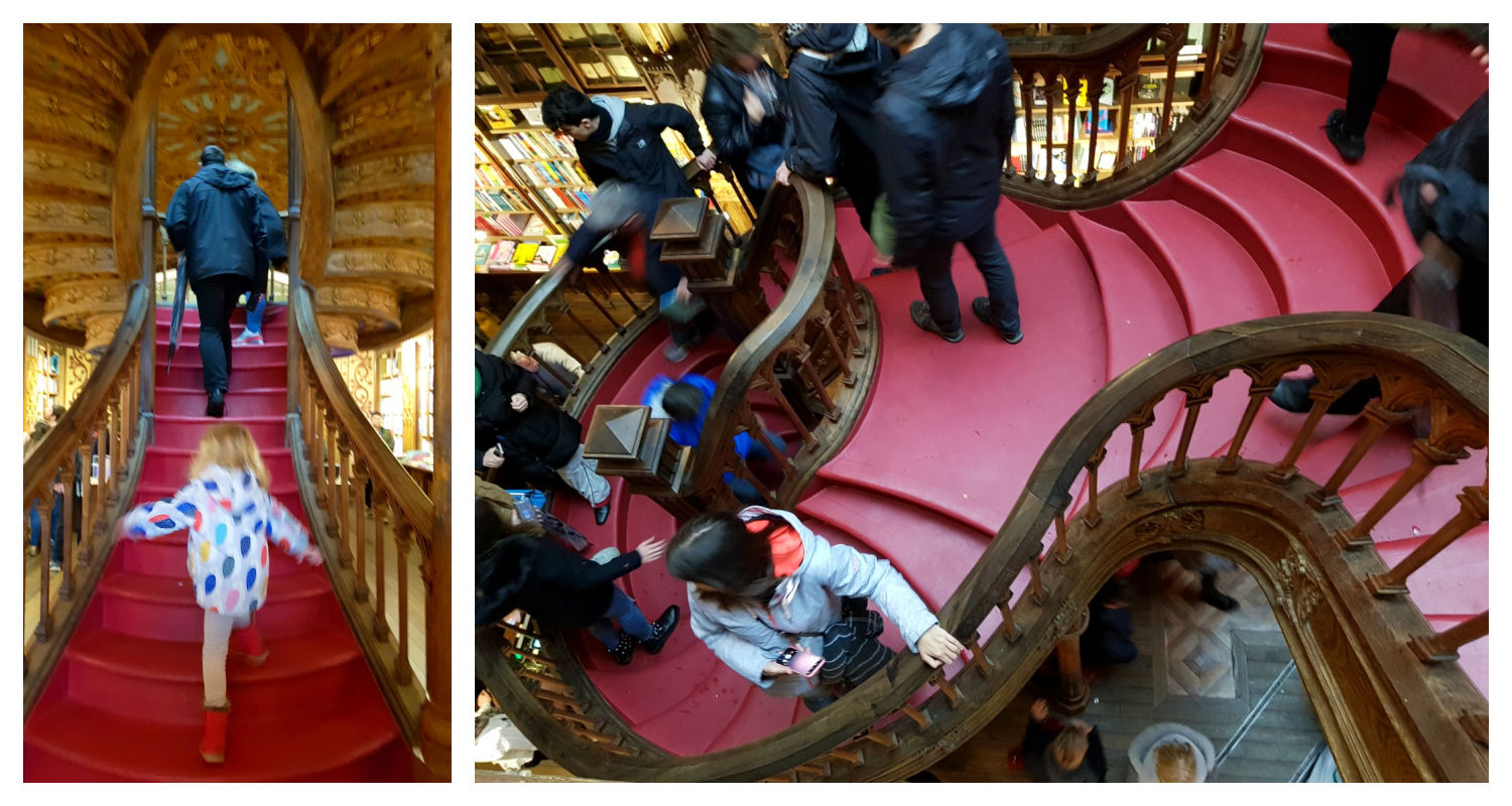 Collage showing my daughter climbing the famous staircase at Livraria Lello in Porto and a view looking down on the staircase at Livraria Lello in Porto - one of my top things to do in Porto with kids