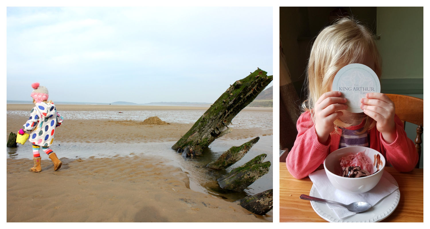 Collage showing my daughter with the wreck on Rhossili Beach in Wales and eating ice cream at the King Arthur Hotel on the Gower Peninsula - on our journey to discover Welsh legends