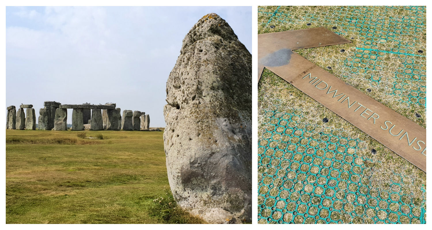 Collage with a view of one of the tall stones by the path and the main circle of Stonehenge in the background, plus an arrow by the stone circle at Stonehenge showing the direction of the sun at the midwinter solstice