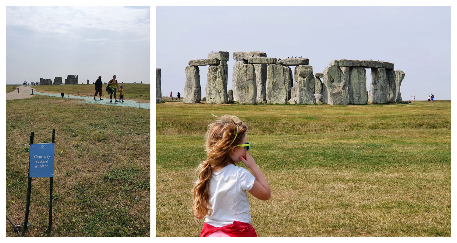 Collage including a sign showing the one-way route around Stonehenge on our visit after lockdown and my daughter looking at Stonehenge - exploring Stonehenge with kids