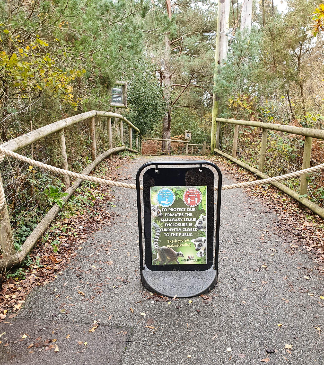 Sign and roped off section showing part of the closed area at Dorset's Monkey world with social distancing regulations - my Monkey World Dorset review