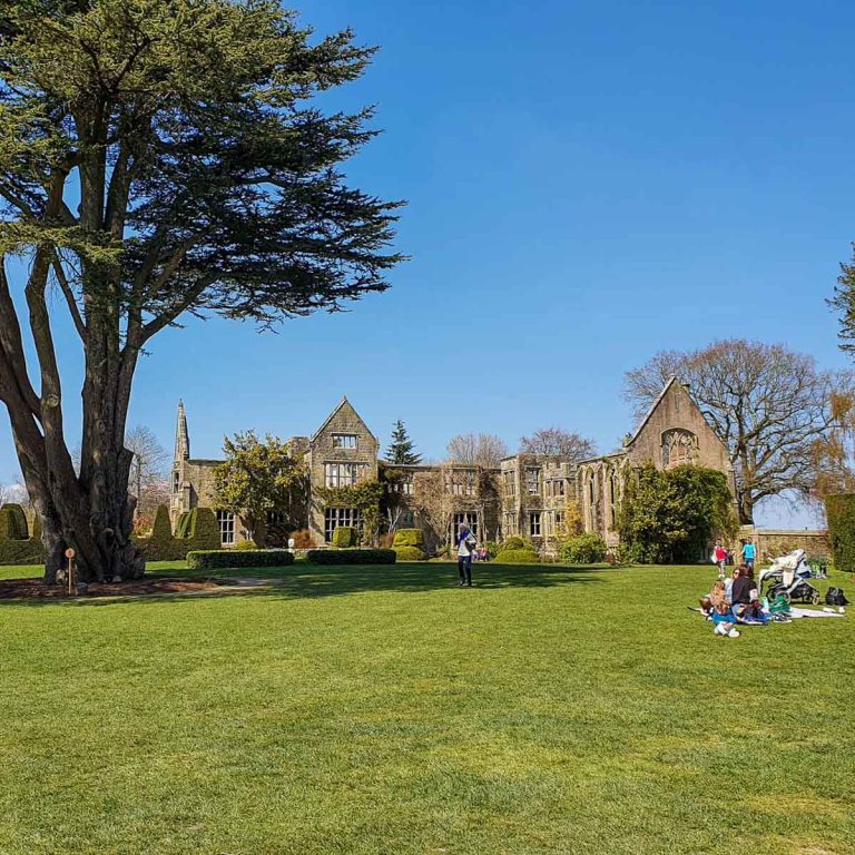 View across the lawn to the old house at Nymans with a huge tree and family picnicking on the grass - a visit to Nymans with kids
