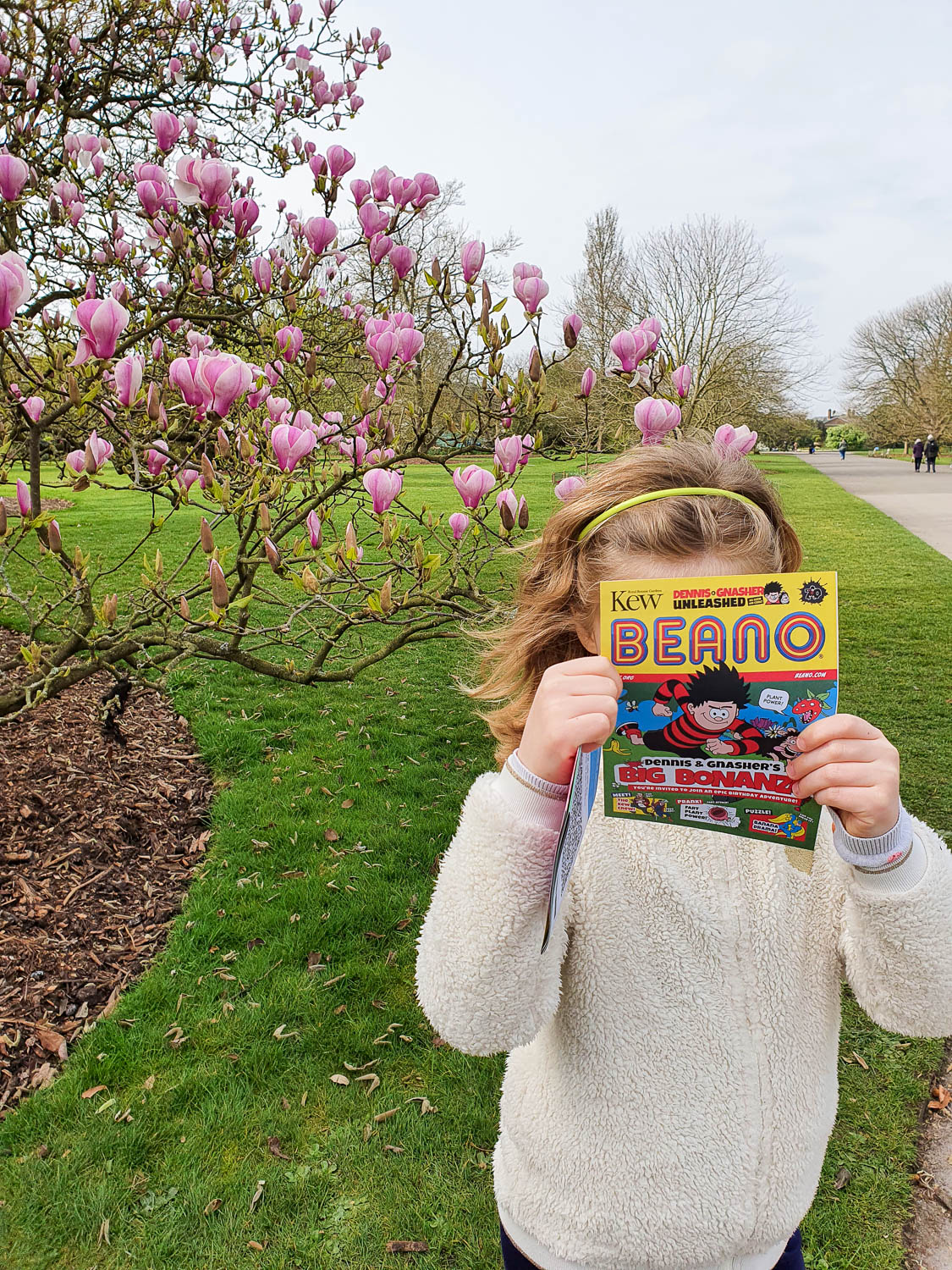 My daughter stands by a magnolia tree with pink flowers holding her Beano comic in front of her face, part of the kids trail for Easter at Kew Gardens