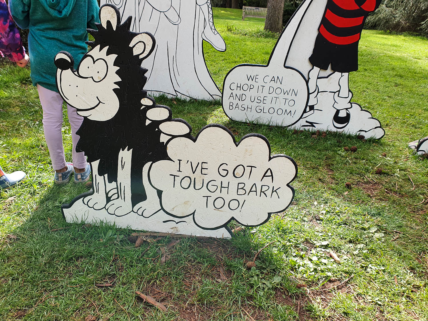 Sign showing Gnasher saying I've got a tough bark too, near the redwoods as part of the kids trail for Easter at Kew Gardens