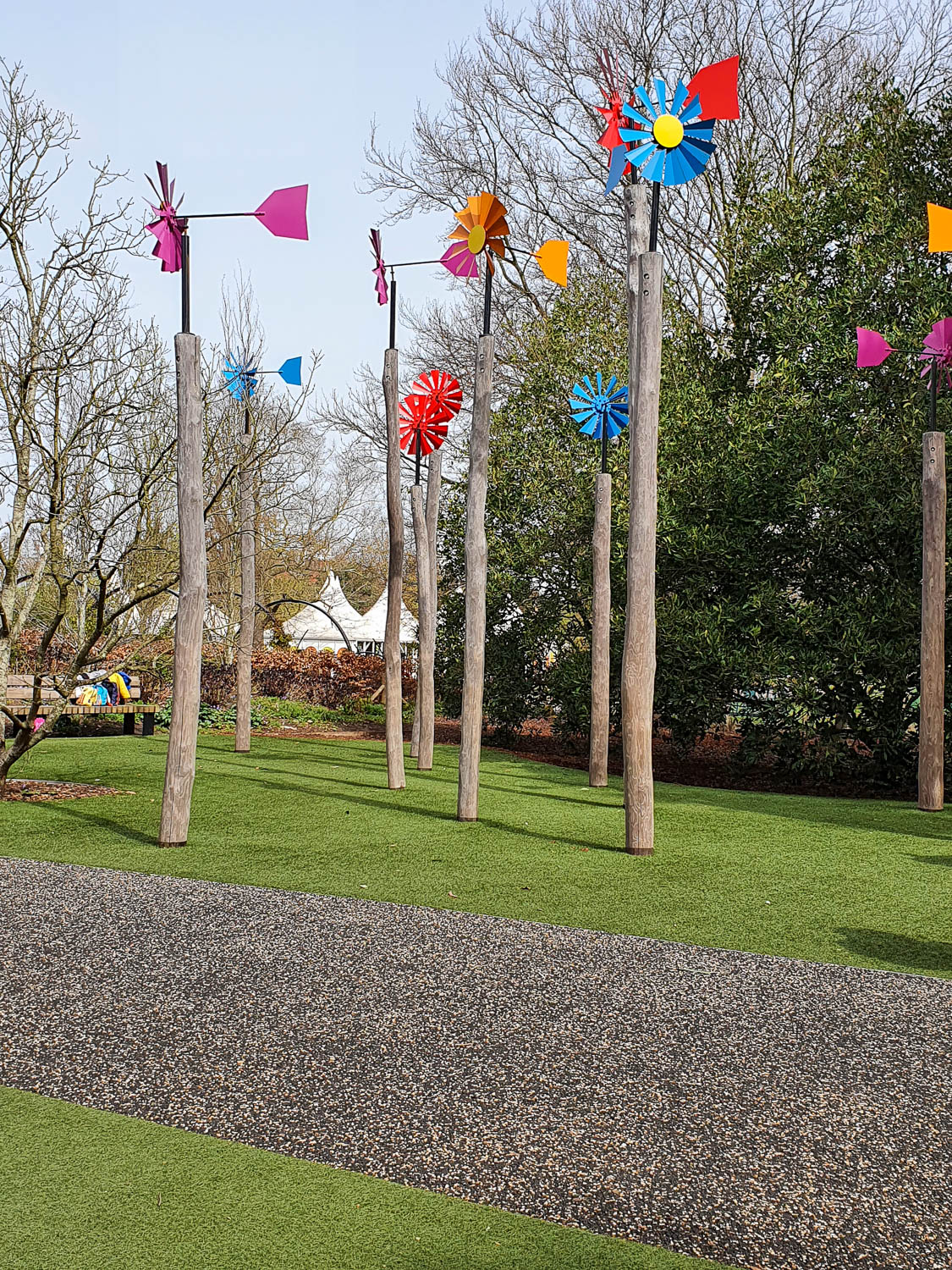 Bright coloured wind turners in the Children's Garden at Kew Gardens