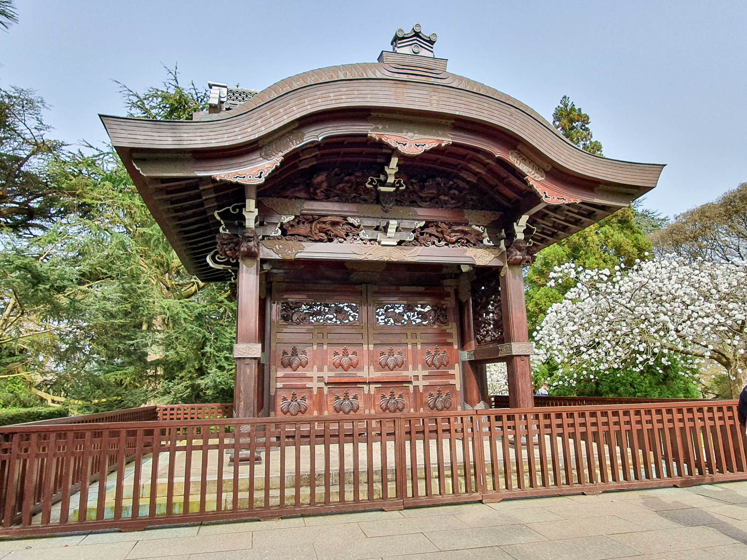 Small temple in the Japanese garden surrounded by trees with white blossom - our visit to Kew at Easter