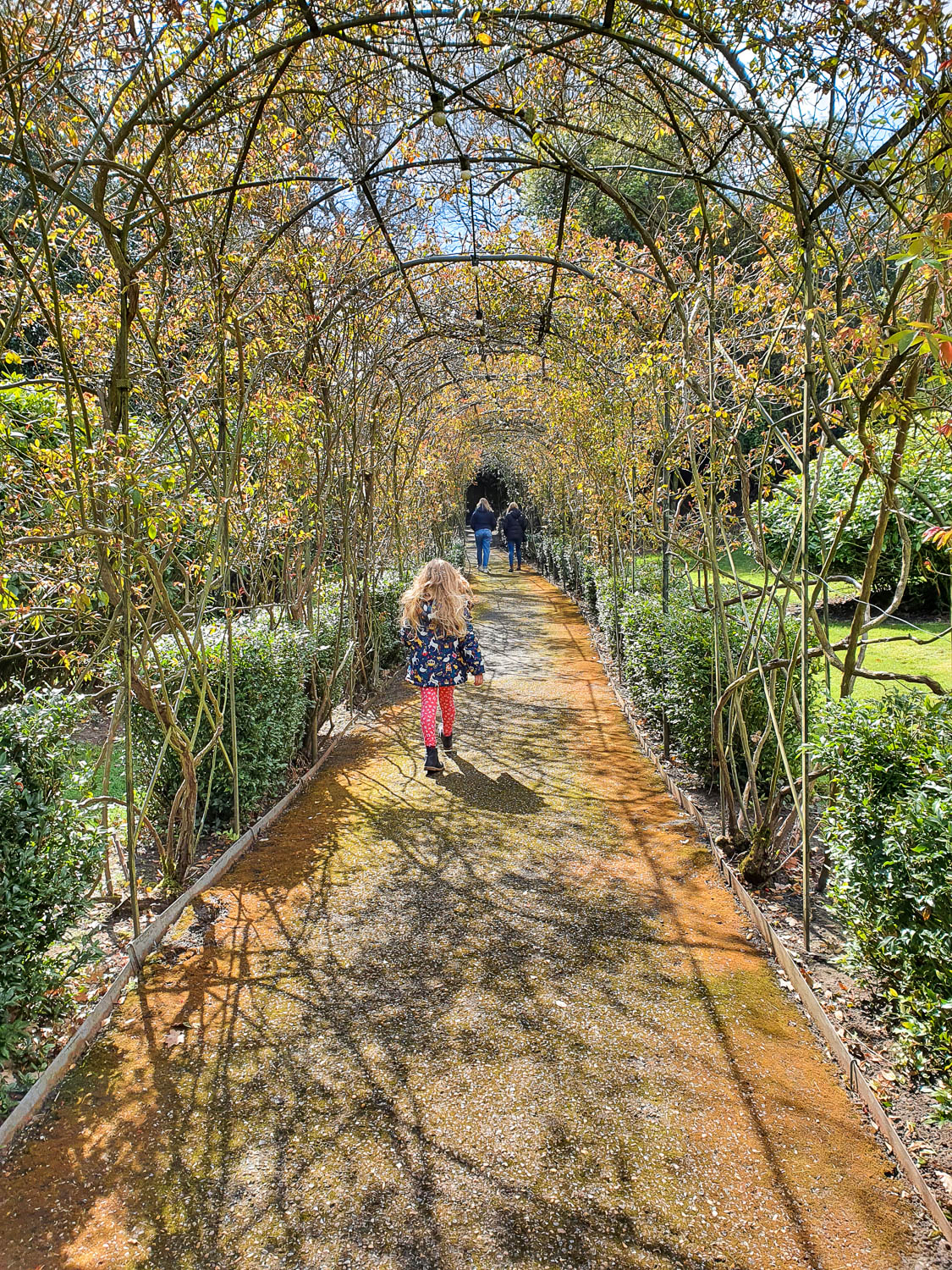 My daughter walks through a trellis tunnel at the exit of the Horrible Histories maze during a day out at Warwick Castle with kids