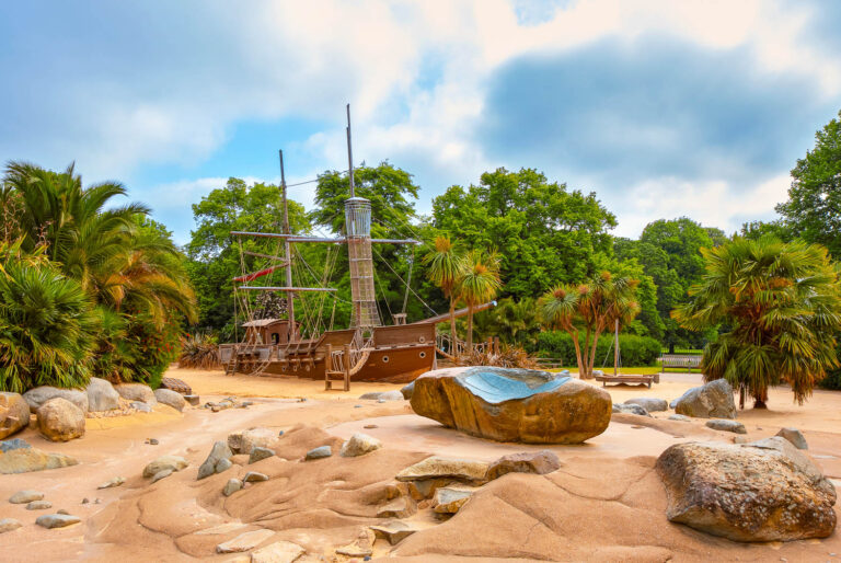 The ship and play area at the heart of the Diana Memorial playground in Kensington Gardens - one of the best playgrounds in London