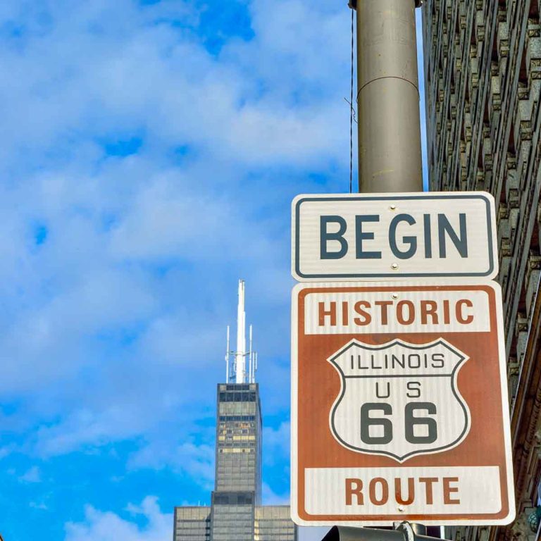 Route 66 sign, the beginning of historic Route 66, leading through Chicago, Illinois, and more ideas for a Midwest road trip with kids