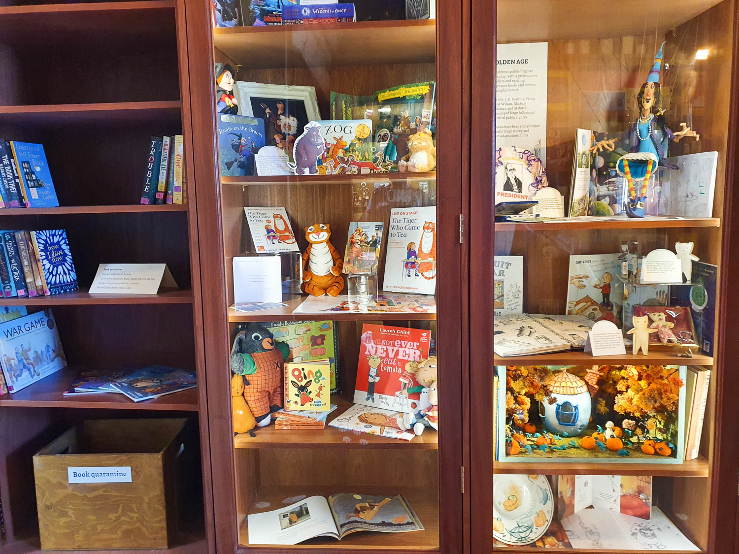 One of the display cases of children's books in the Enchanted Library, including Bing, Charlie and Lola, Zog and the Tiger who came to tea - my Oxford Story Museum review