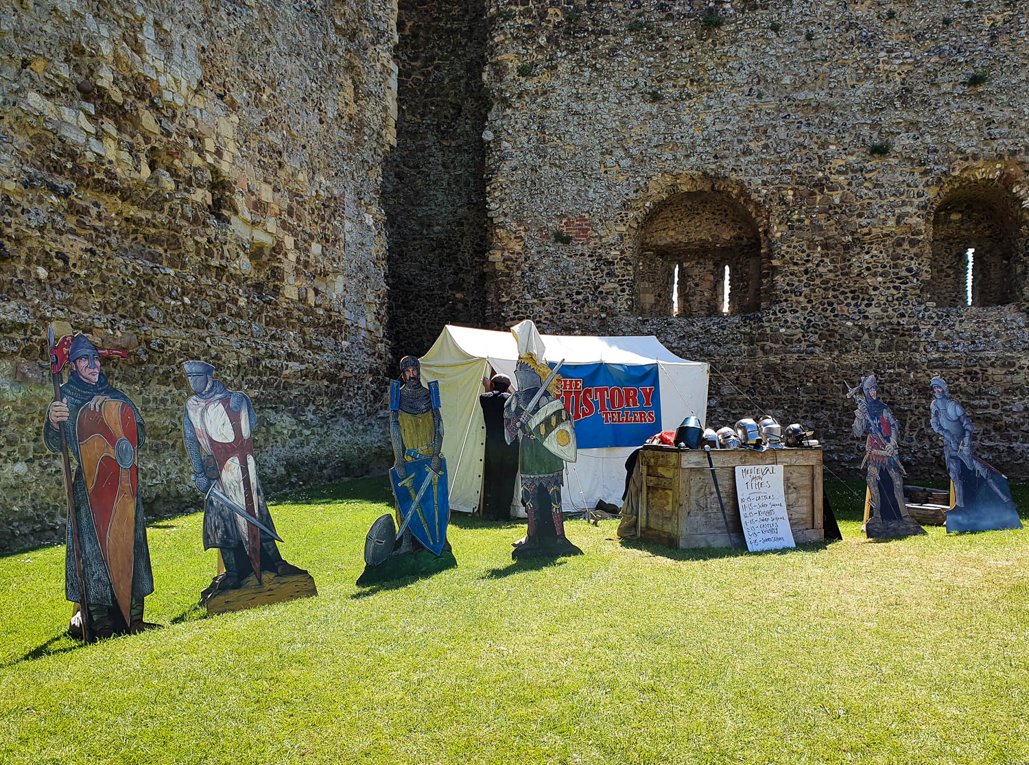 The History Tellers performance with cut-out figures showing different armour, one of the family-friendly activities at Framlingham Castle in Suffolk
