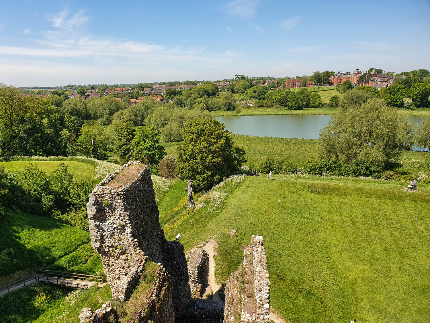 View from the tower across the moat to the mere at Framlingham Castle in Suffolk