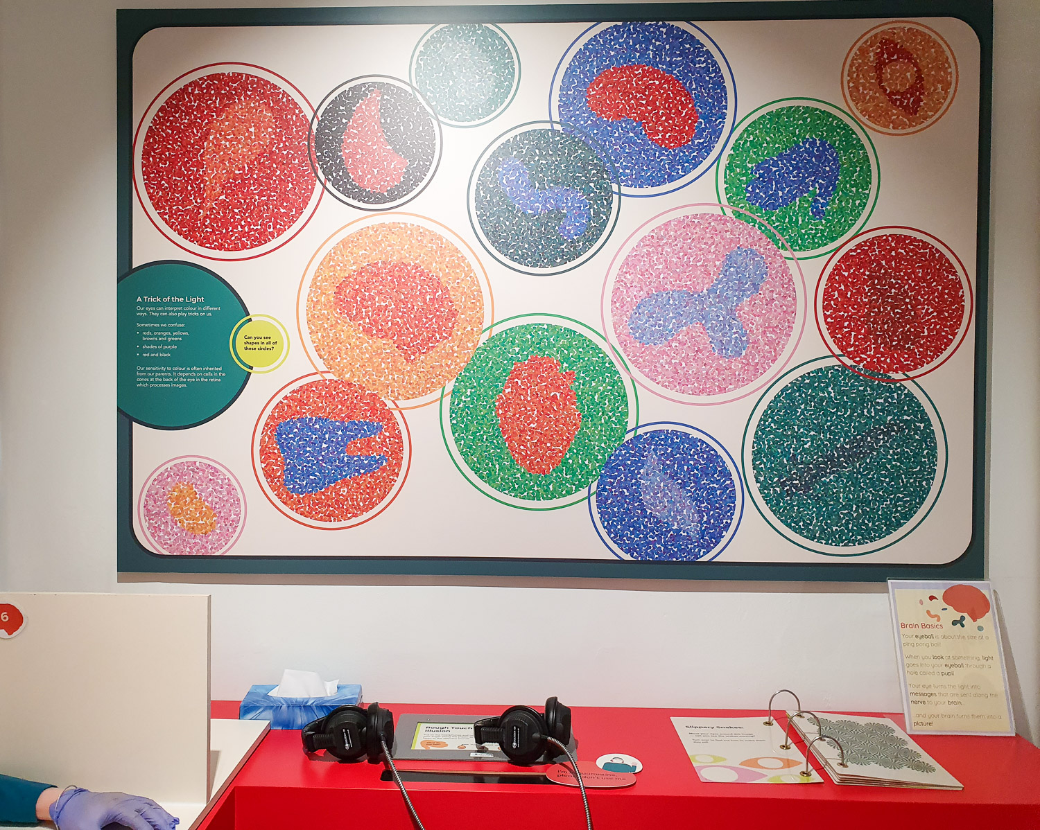 One of the displays showing how your brain can be tricked and perceive things differently, with shapes against different coloured backgrounds at the Thackray Museum, Leeds - my review of our visit